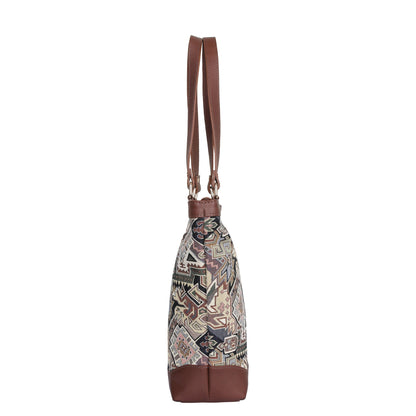Women’s Geometric Tapestry Tote Bag – Genuine Leather-Trimmed Shoulder Purse with Top Handle