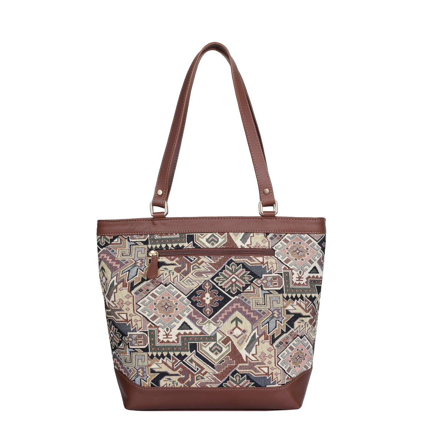 Women’s Geometric Tapestry Tote Bag – Genuine Leather-Trimmed Shoulder Purse with Top Handle