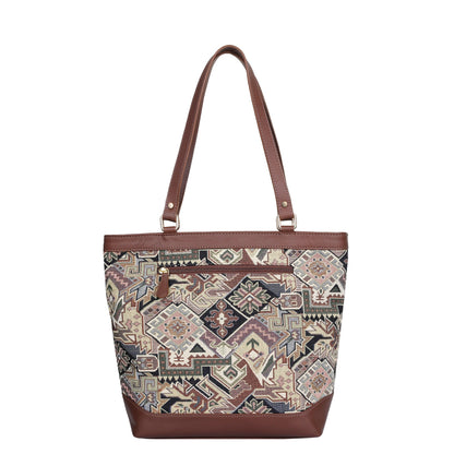 Women’s Geometric Tapestry Tote Bag – Genuine Leather-Trimmed Shoulder Purse with Top Handle