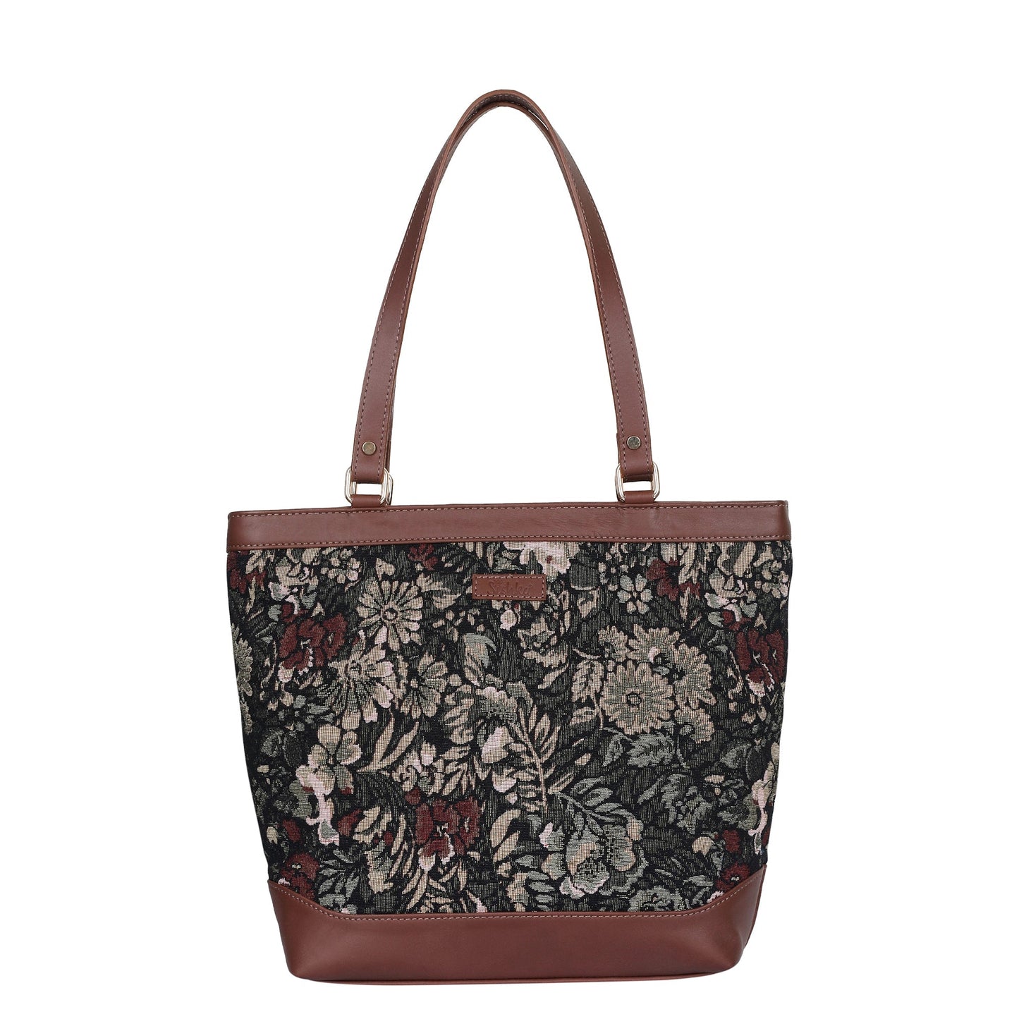 Women's vintage tapestry shoulder tote bag with genuine leather handles for work, office, travel, shopping, commuting, weekend outings, and everyday use