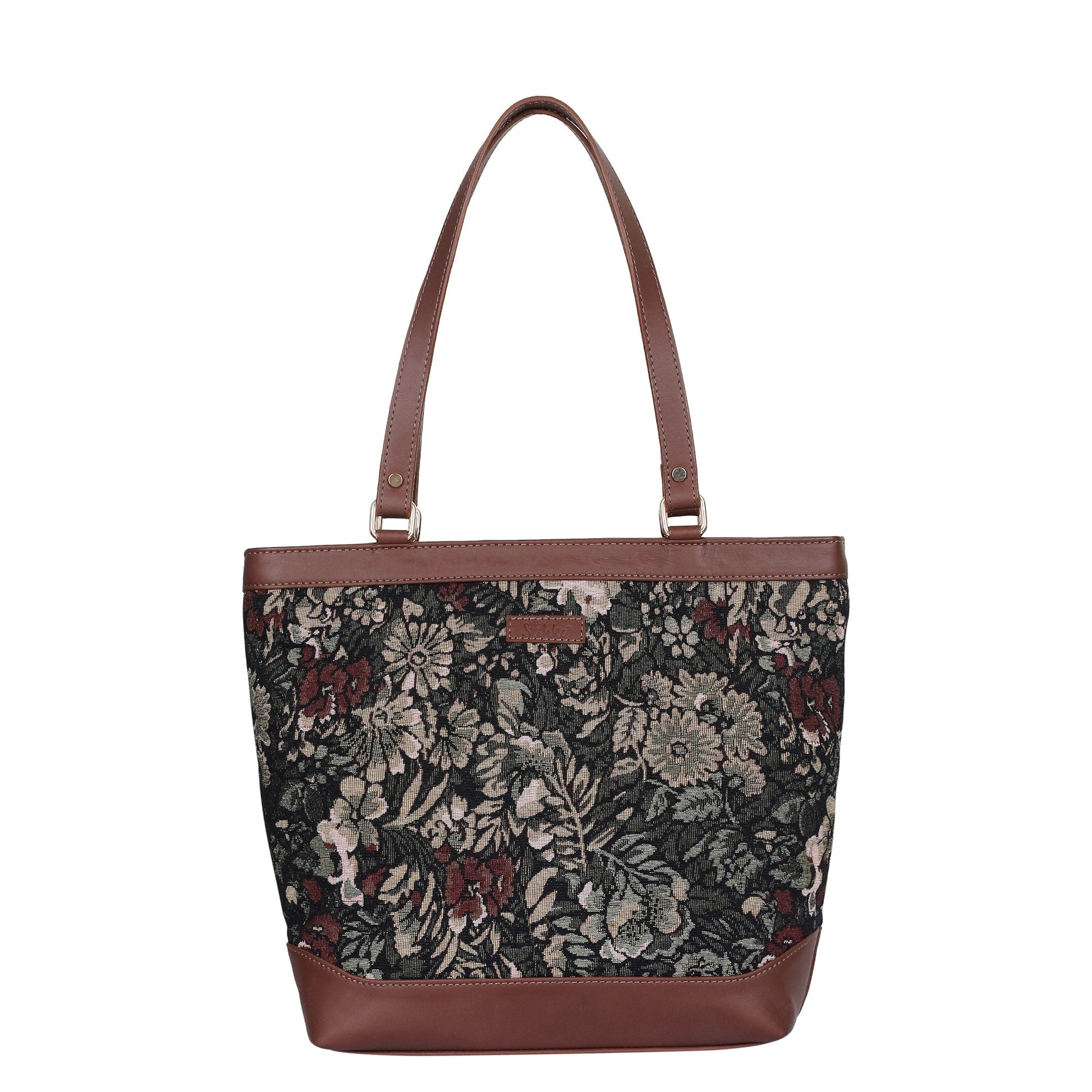 Women's vintage tapestry shoulder tote bag with genuine leather handles for work, office, travel, shopping, commuting, weekend outings, and everyday use
