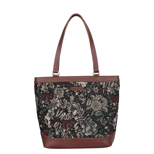 Women’s Vintage Tapestry Tote Bag – Genuine Leather-Trimmed Top Handle Shoulder Handbag for Office