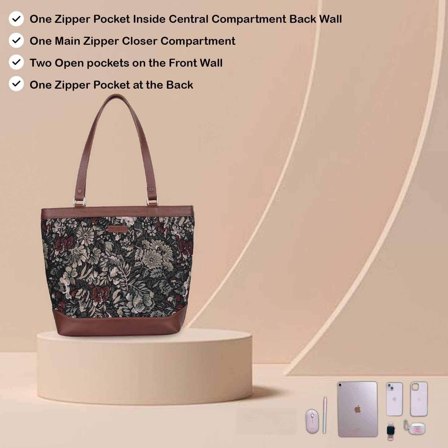 Women’s Vintage Tapestry Tote Bag – Genuine Leather-Trimmed Top Handle Shoulder Handbag for Office
