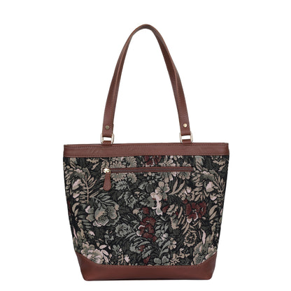 Women’s Vintage Tapestry Tote Bag – Genuine Leather-Trimmed Top Handle Shoulder Handbag for Office