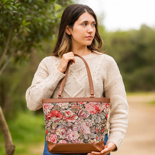 Women Floral Tapestry Tote Bag – Vegan Leather-Trimmed Shoulder Handbag with Top Handle for Daily Use
