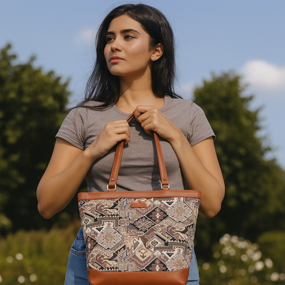 Women Geometric Tapestry Tote Bag – Elegant vegan leather-Trimmed Shoulder Purse with Top Handle
