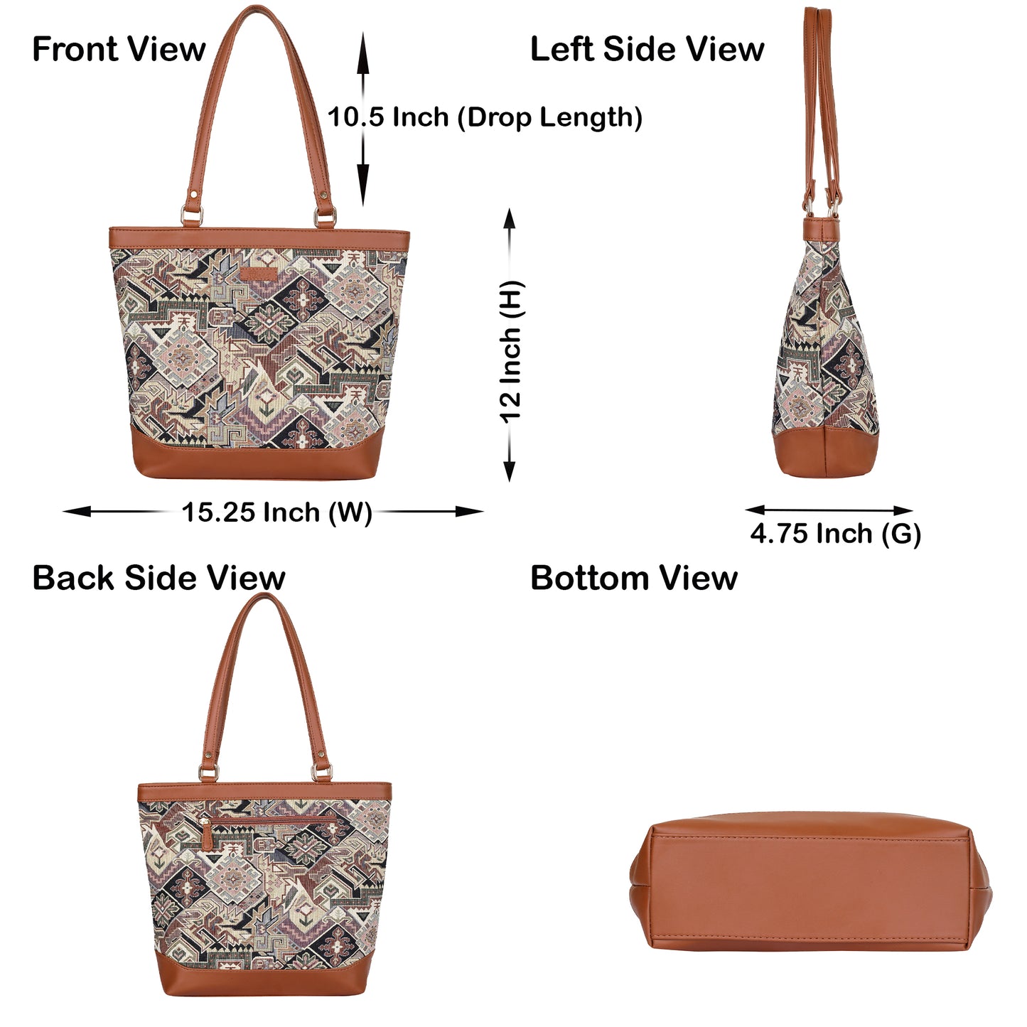Women Geometric Tapestry Tote Bag – Elegant vegan leather-Trimmed Shoulder Purse with Top Handle