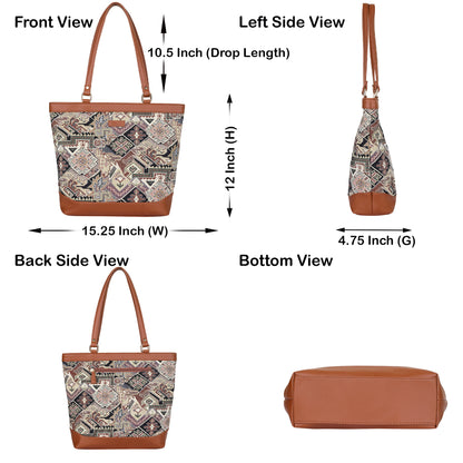 Women Geometric Tapestry Tote Bag – Elegant vegan leather-Trimmed Shoulder Purse with Top Handle