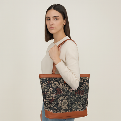 Women Vintage Tapestry Tote Bag – vegan leather-Trimmed Top Handle Shoulder Handbag for Office