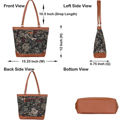 Women Vintage Tapestry Tote Bag – vegan leather-Trimmed Top Handle Shoulder Handbag for Office