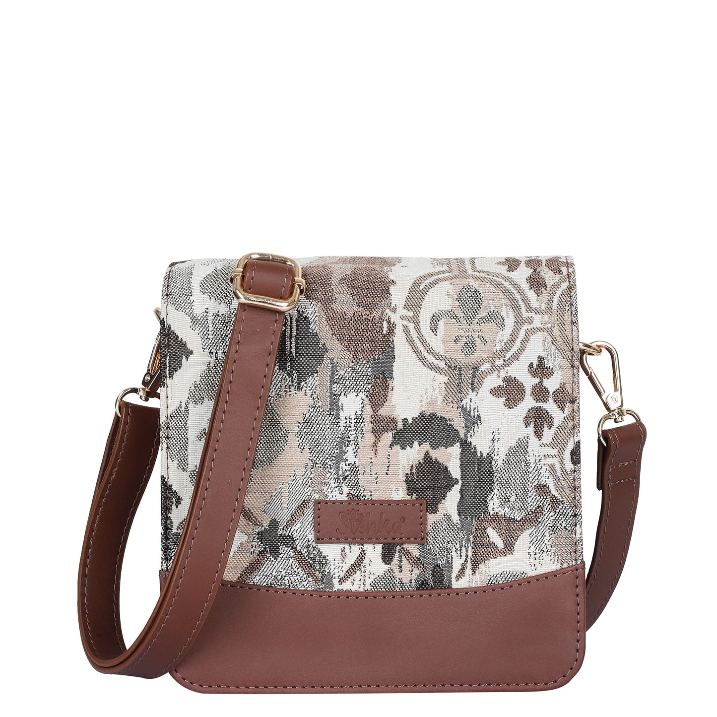Women’s abstract tapestry crossbody sling bag with leather trim for daily, travel, office, and everyday use