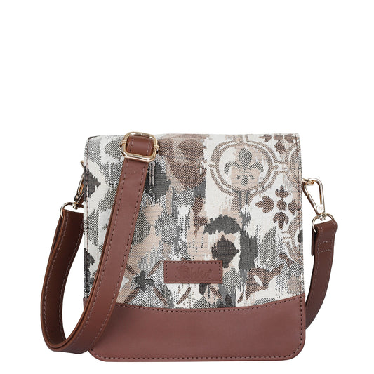 Abstract Tapestry Crossbody Sling Bag – Women’s Shoulder Purse with Genuine Leather Trim