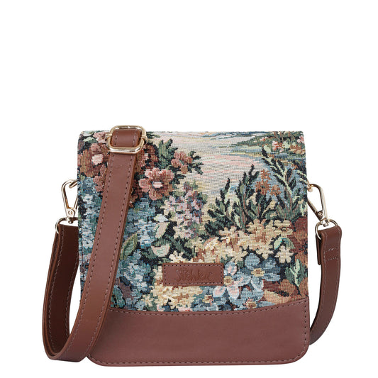 Botanical Tapestry Crossbody Sling Bag – Women’s Shoulder Purse with Genuine Leather Trim