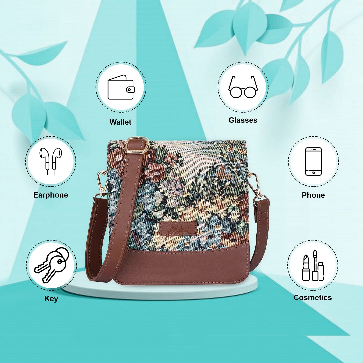 Botanical Tapestry Crossbody Sling Bag – Women’s Shoulder Purse with Genuine Leather Trim