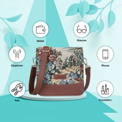 Botanical Tapestry Crossbody Sling Bag – Women’s Shoulder Purse with Genuine Leather Trim