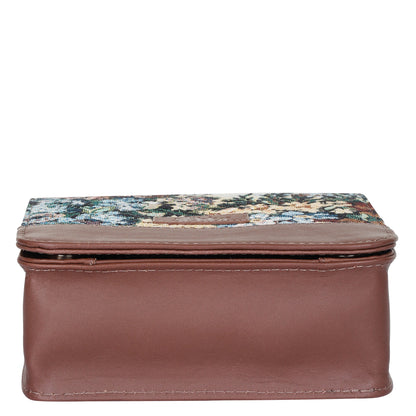 Botanical Tapestry Crossbody Sling Bag – Women’s Shoulder Purse with Genuine Leather Trim