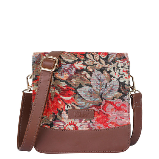 Floral Tapestry Crossbody Bag – Women’s Sling Shoulder Purse with Genuine Leather Trim