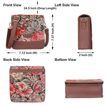 Floral Tapestry Crossbody Bag – Women’s Sling Shoulder Purse with Genuine Leather Trim