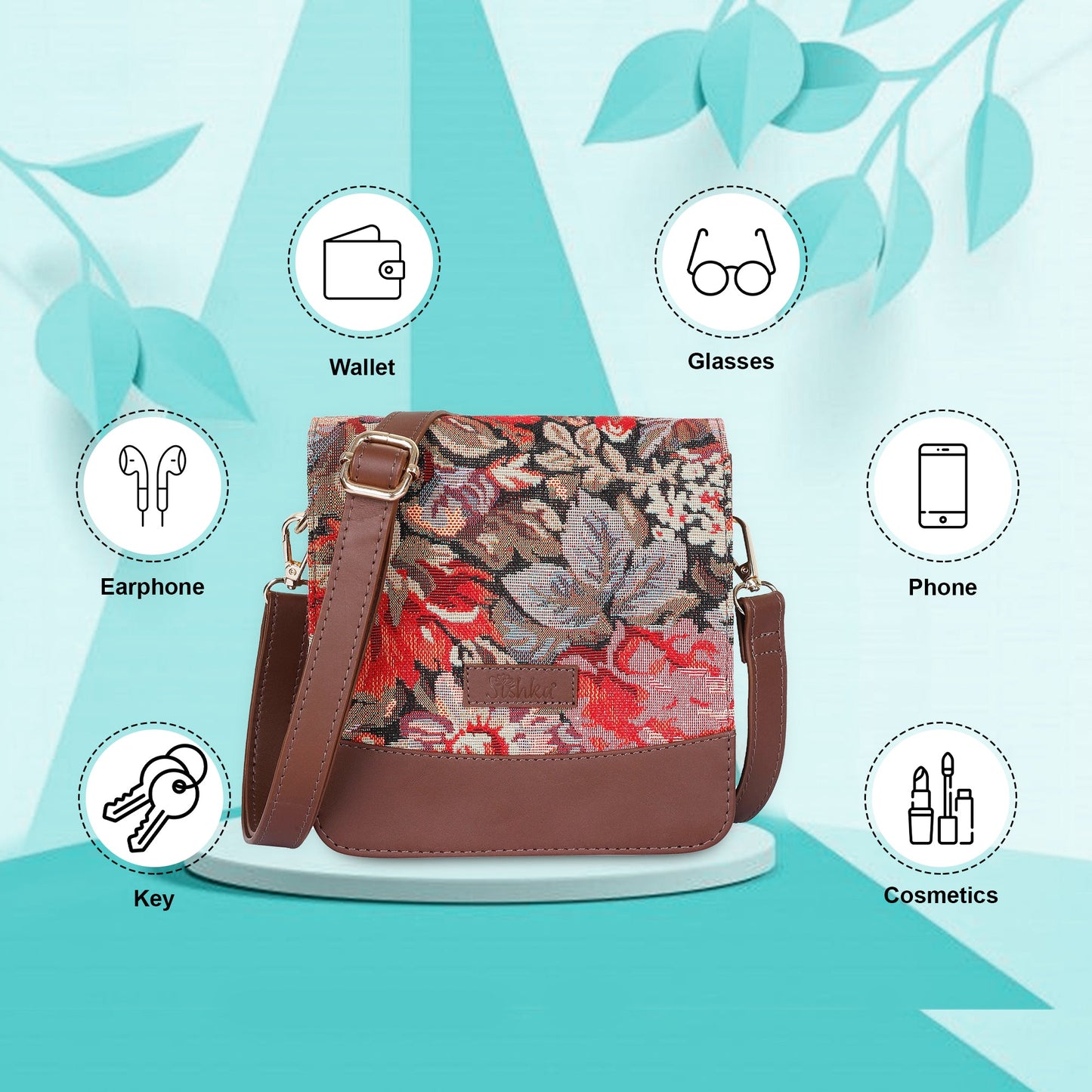 Floral Tapestry Crossbody Bag – Women’s Sling Shoulder Purse with Genuine Leather Trim