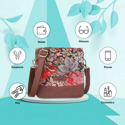 Floral Tapestry Crossbody Bag – Women’s Sling Shoulder Purse with Genuine Leather Trim