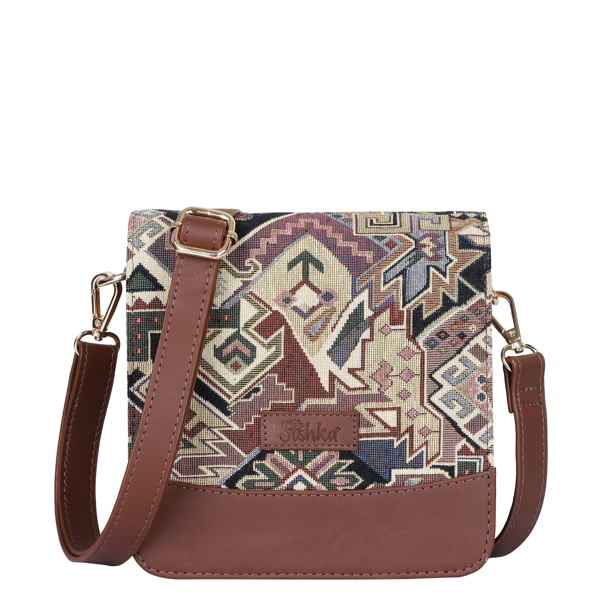 Women’s geometric tapestry crossbody sling bag with leather trim for daily, travel, office, and everyday use