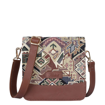 Women’s geometric tapestry crossbody sling bag with leather trim for daily, travel, office, and everyday use