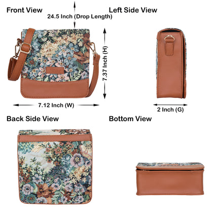 Botanical Tapestry Crossbody Sling Bag – Women Shoulder Purse with Vegan Leather Trim