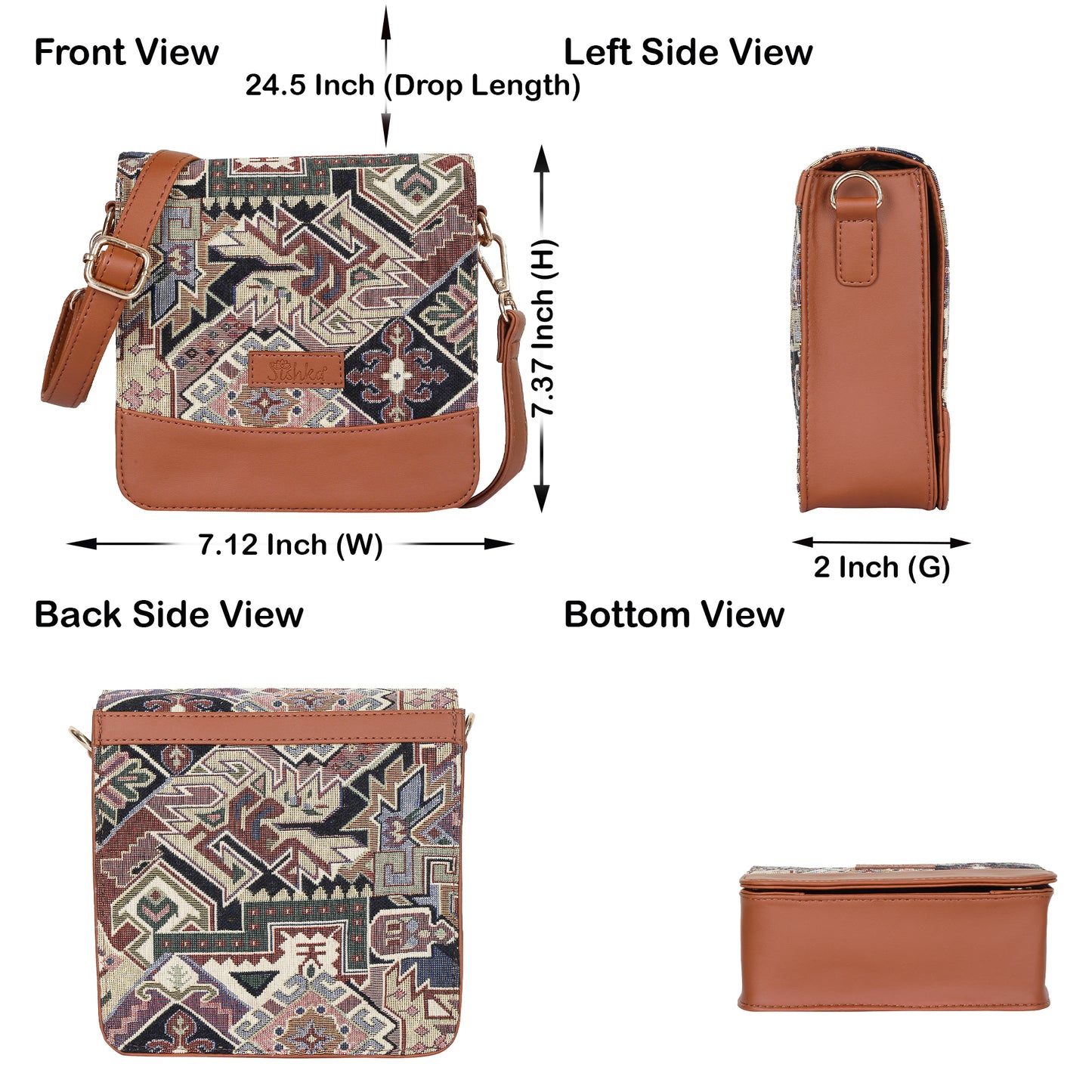 Geometric Tapestry Crossbody Bag – Women Sling Shoulder Purse with Vegan Leather Trim Handle