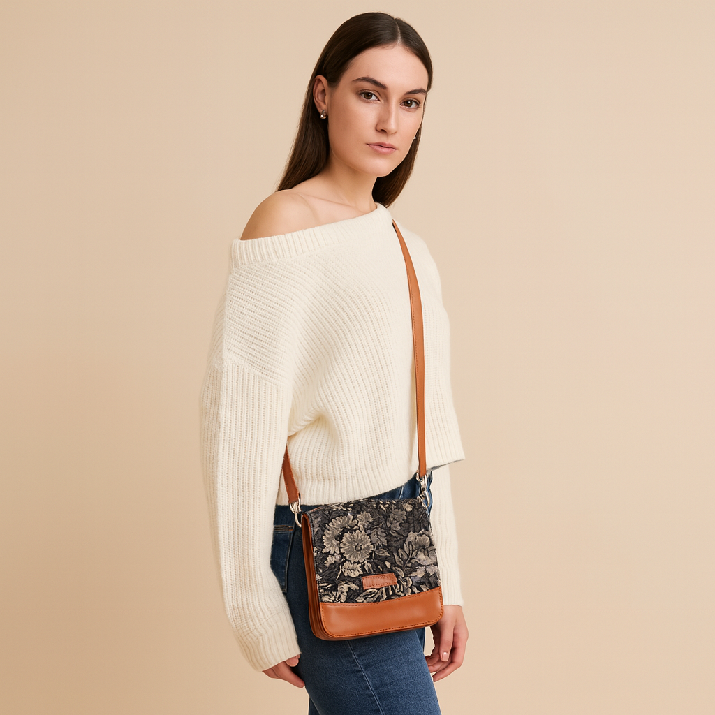 Vintage Tapestry Crossbody Bag – Women Sling Shoulder Purse with Vegan Leather Trim Handle