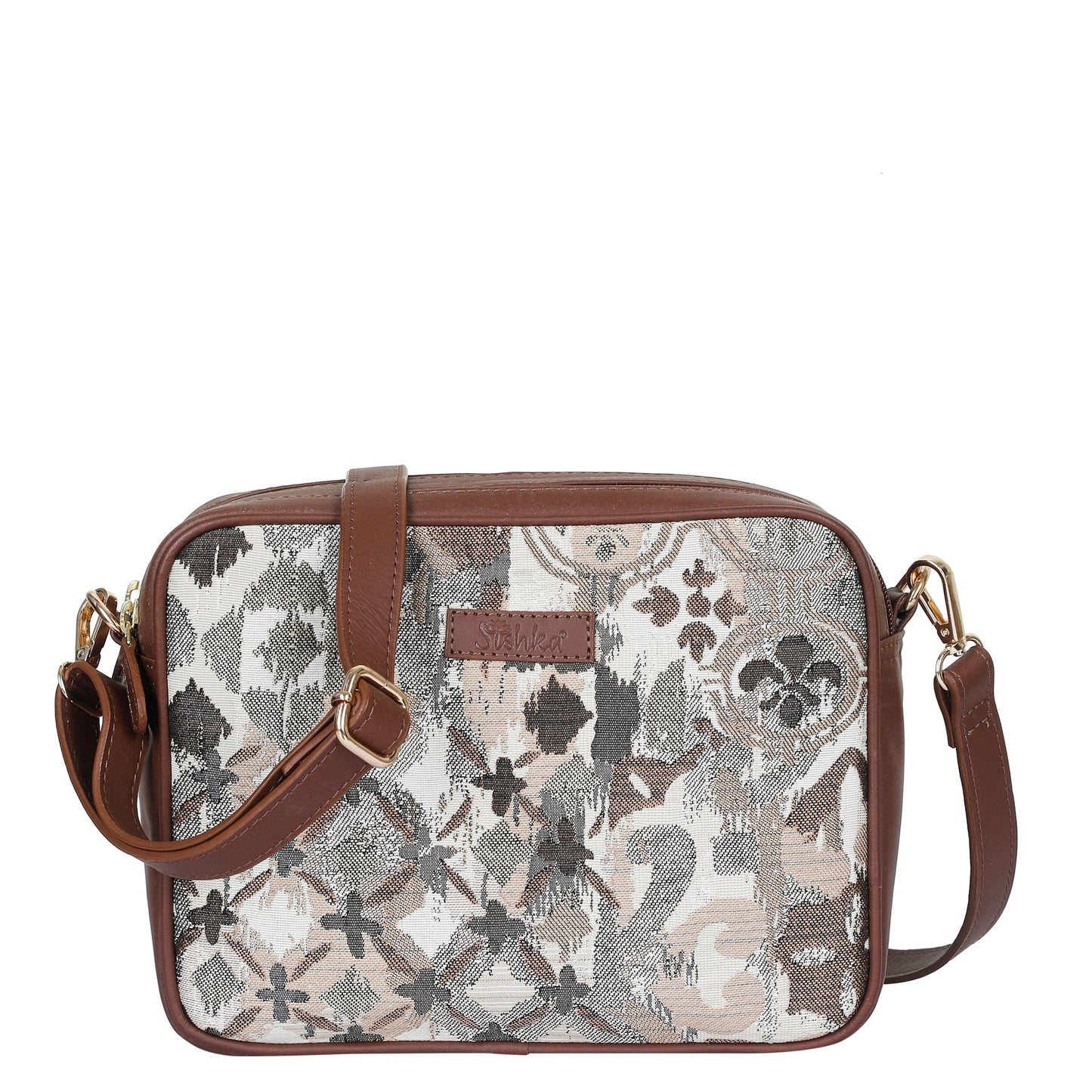 Abstract Design Women’s Tapestry Messenger Bag – Compact Crossbody Purse with Genuine Leather Trim