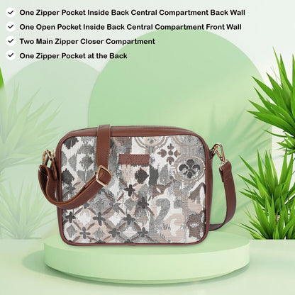 Abstract Design Women’s Tapestry Messenger Bag – Compact Crossbody Purse with Genuine Leather Trim