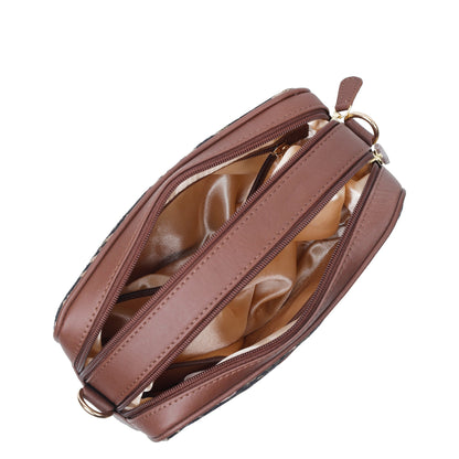Abstract Design Women’s Tapestry Messenger Bag – Compact Crossbody Purse with Genuine Leather Trim