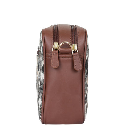 Abstract Design Women’s Tapestry Messenger Bag – Compact Crossbody Purse with Genuine Leather Trim