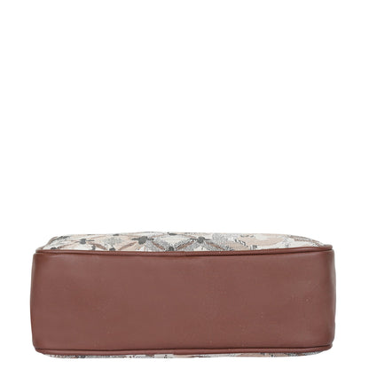 Abstract Design Women’s Tapestry Messenger Bag – Compact Crossbody Purse with Genuine Leather Trim