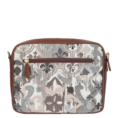 Abstract Design Women’s Tapestry Messenger Bag – Compact Crossbody Purse with Genuine Leather Trim