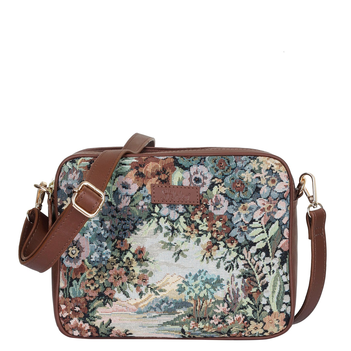 Women's botanical tapestry messenger sling bag with genuine leather trim for travel, shopping, commuting, sightseeing, vacations, errands, and everyday use