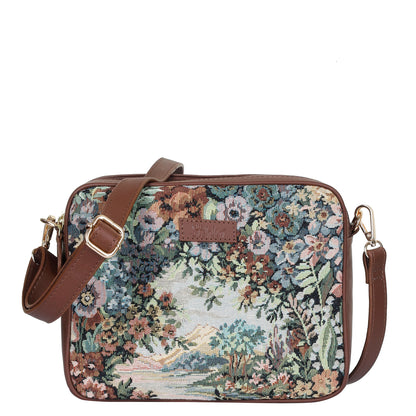 Women's botanical tapestry messenger sling bag with genuine leather trim for travel, shopping, commuting, sightseeing, vacations, errands, and everyday use