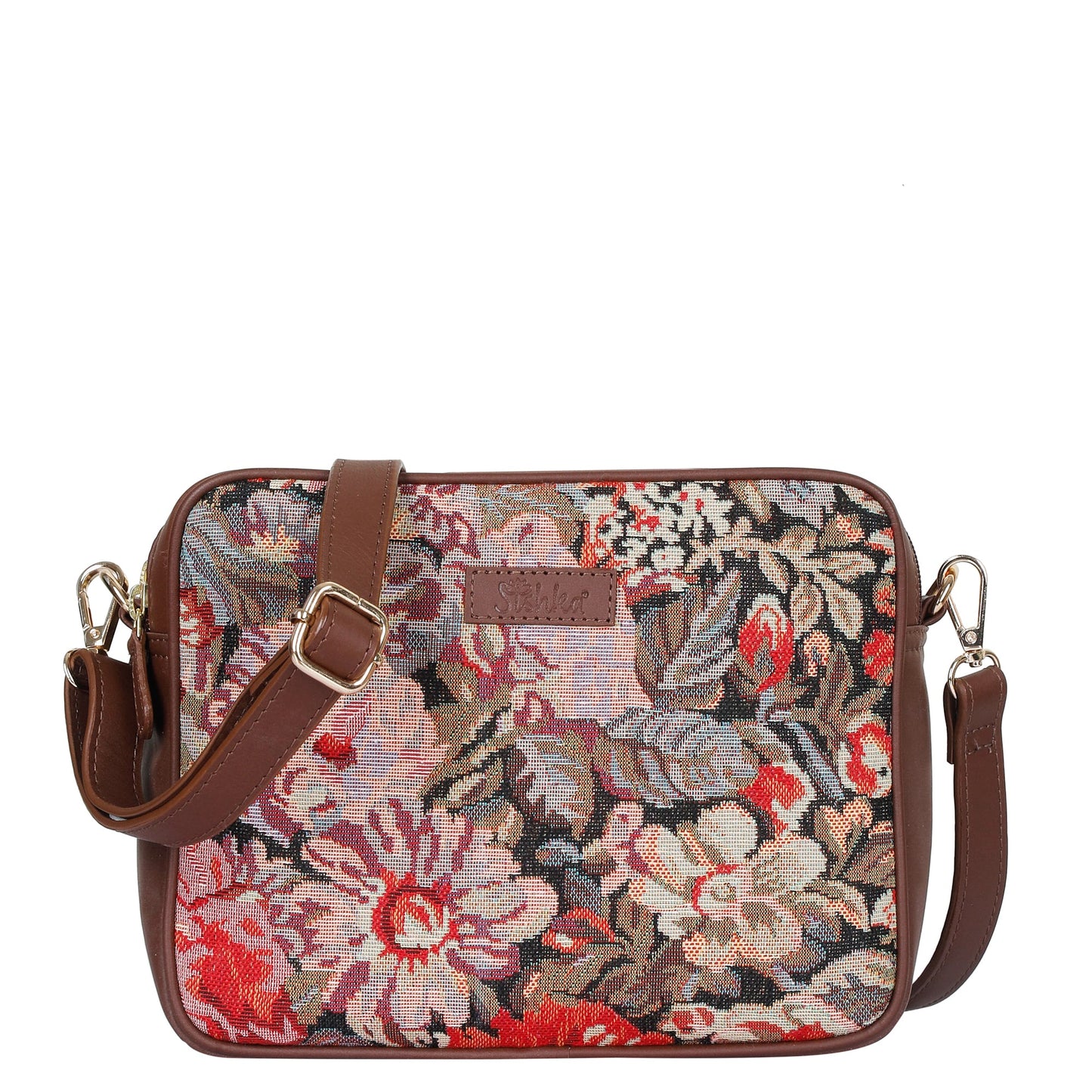 Women's floral tapestry messenger sling bag with genuine leather trim for travel, shopping, commuting, sightseeing, vacations, errands, and everyday use