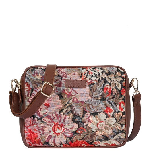 Floral Tapestry Messenger Bag – Women’s Crossbody Sling with Genuine Leather Trim