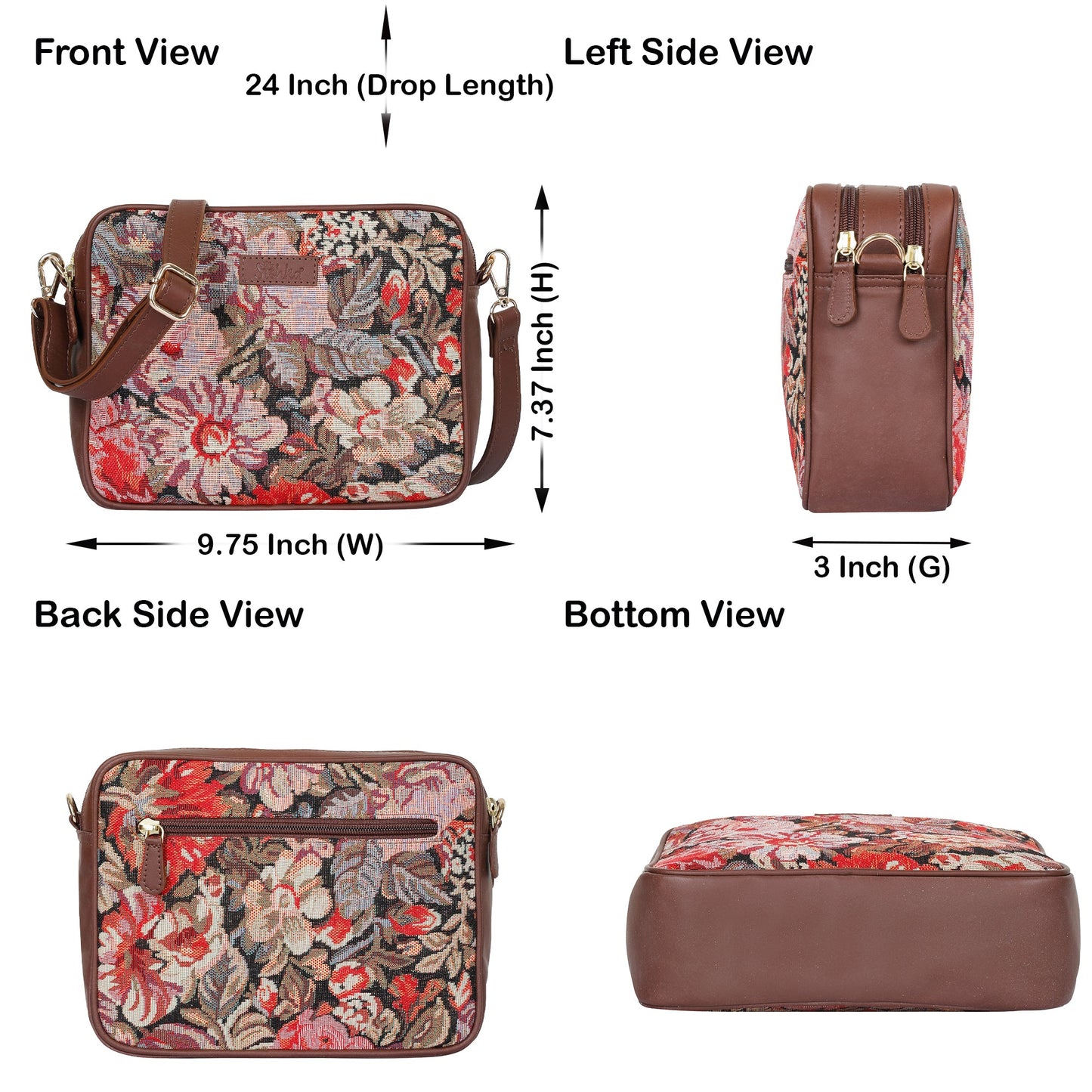 Floral Tapestry Messenger Bag – Women’s Crossbody Sling with Genuine Leather Trim