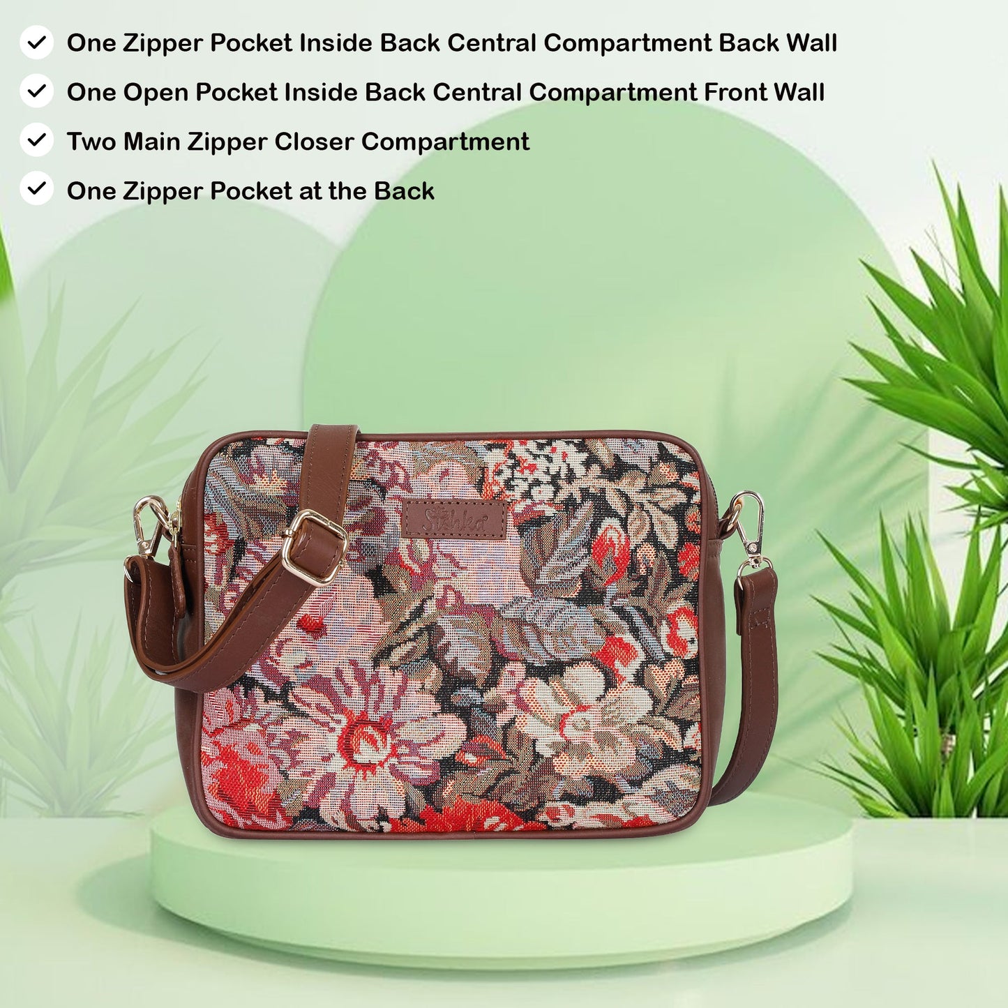 Floral Tapestry Messenger Bag – Women’s Crossbody Sling with Genuine Leather Trim