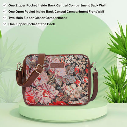 Floral Tapestry Messenger Bag – Women’s Crossbody Sling with Genuine Leather Trim