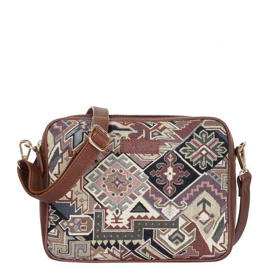 Women’s Geometric Tapestry Shoulder & Crossbody Messenger Bag with Genuine Leather Trim