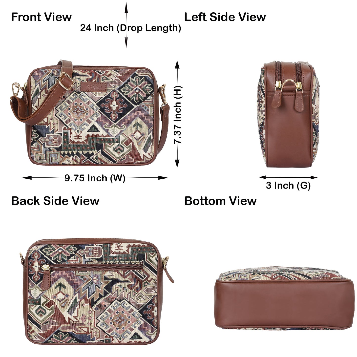 Women’s Geometric Tapestry Shoulder & Crossbody Messenger Bag with Genuine Leather Trim