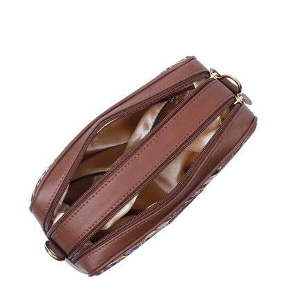 Women’s Geometric Tapestry Shoulder & Crossbody Messenger Bag with Genuine Leather Trim