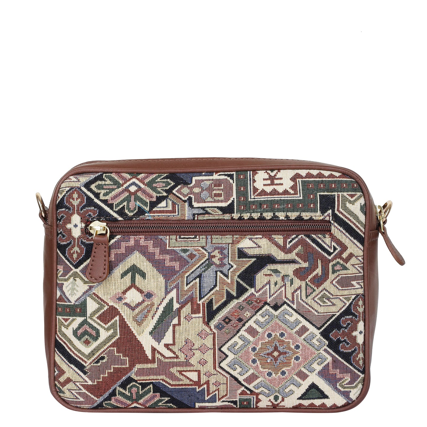 Women’s Geometric Tapestry Shoulder & Crossbody Messenger Bag with Genuine Leather Trim