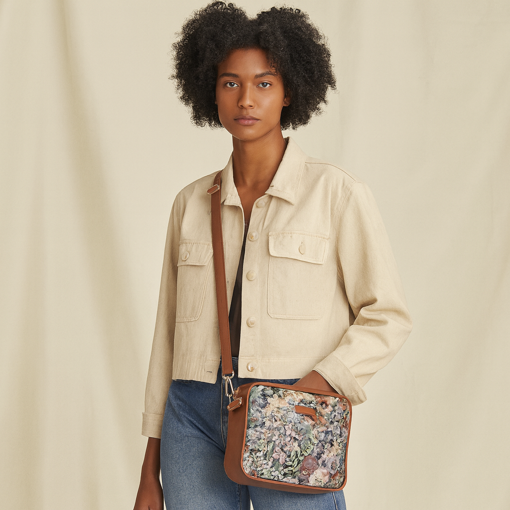 Abstract Design Women Tapestry Messenger Bag – Compact Crossbody Purse with Vegan Leather Trim Handle