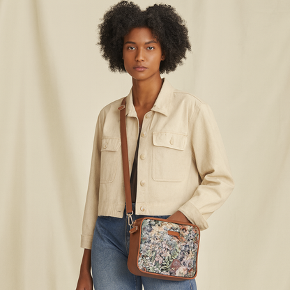 Abstract Design Women Tapestry Messenger Bag – Compact Crossbody Purse with Vegan Leather Trim Handle