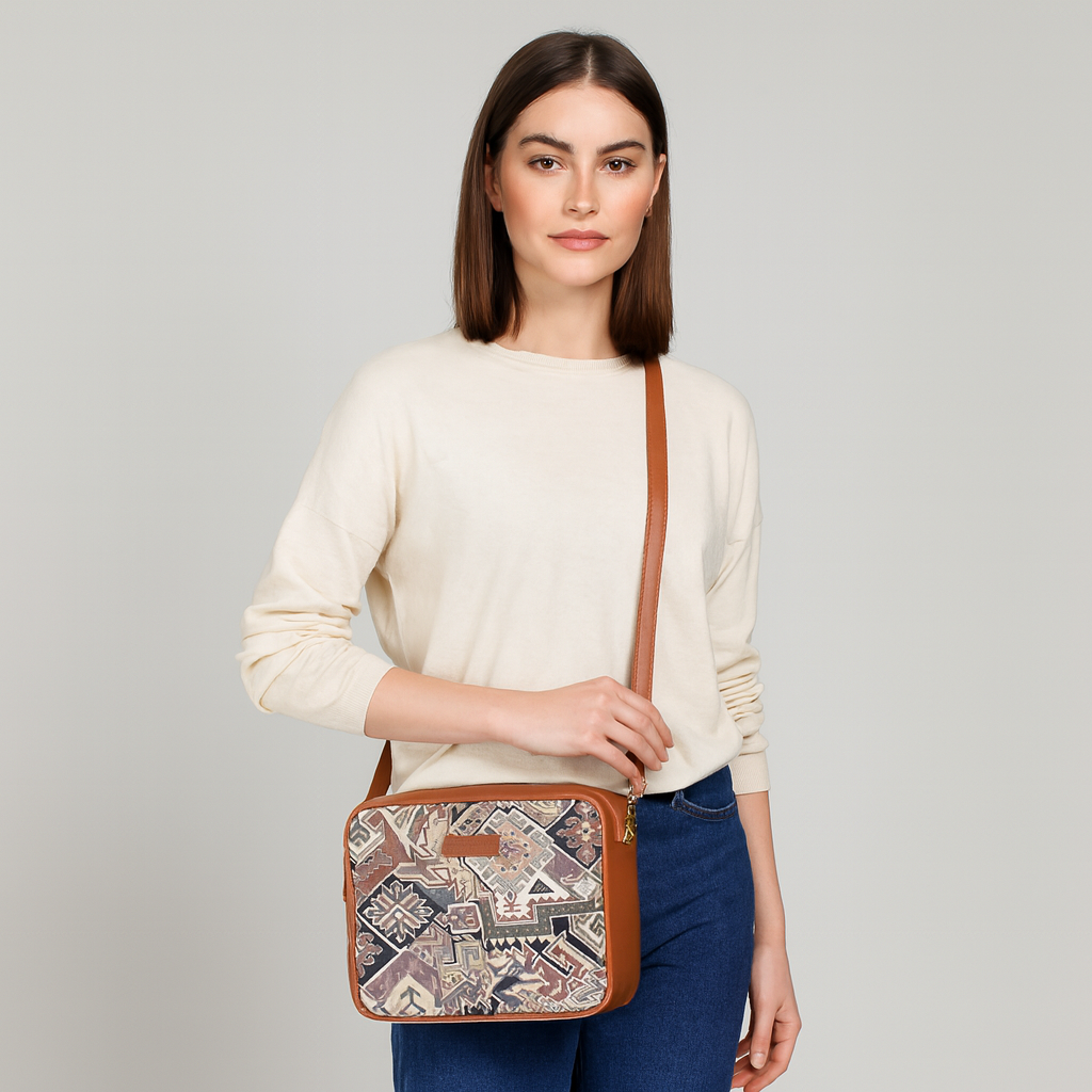 Women Geometric Tapestry Shoulder & Crossbody Messenger Bag with Vegan Leather Trim Handle