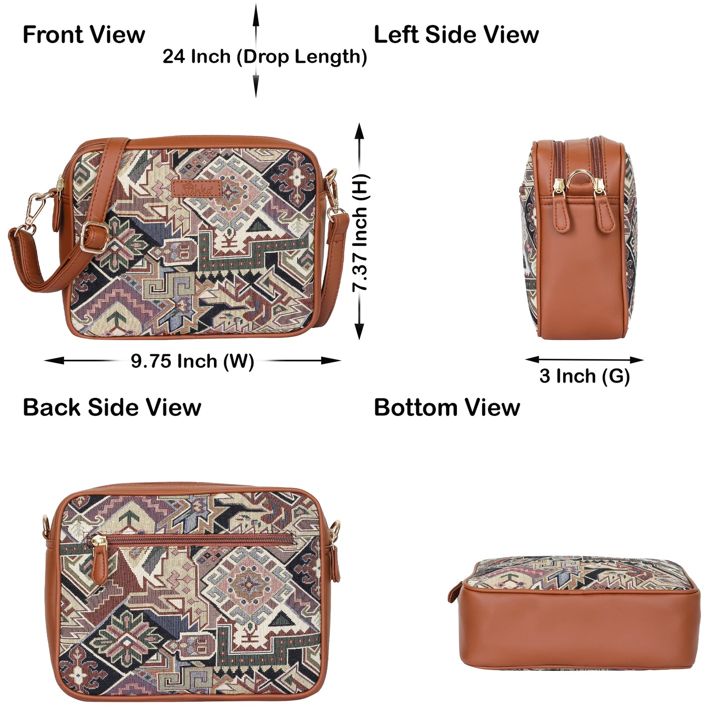 Women Geometric Tapestry Shoulder & Crossbody Messenger Bag with Vegan Leather Trim Handle